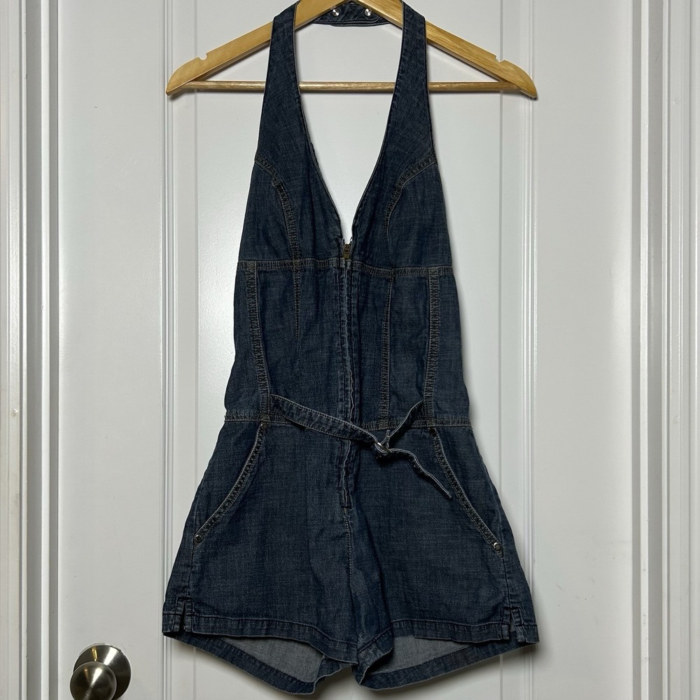 Guess 100% Cotton Dark Wash Blue Denim Halter Neck Belted Romper Y2K 2000s Style